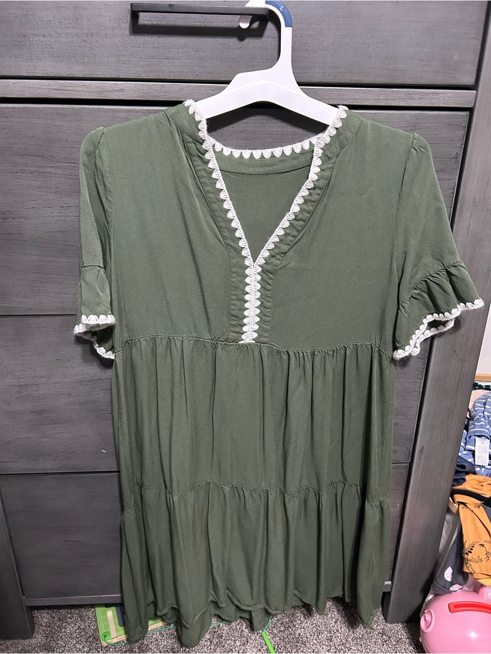 Olive Green Tiered V-Neck Dress with White Trim